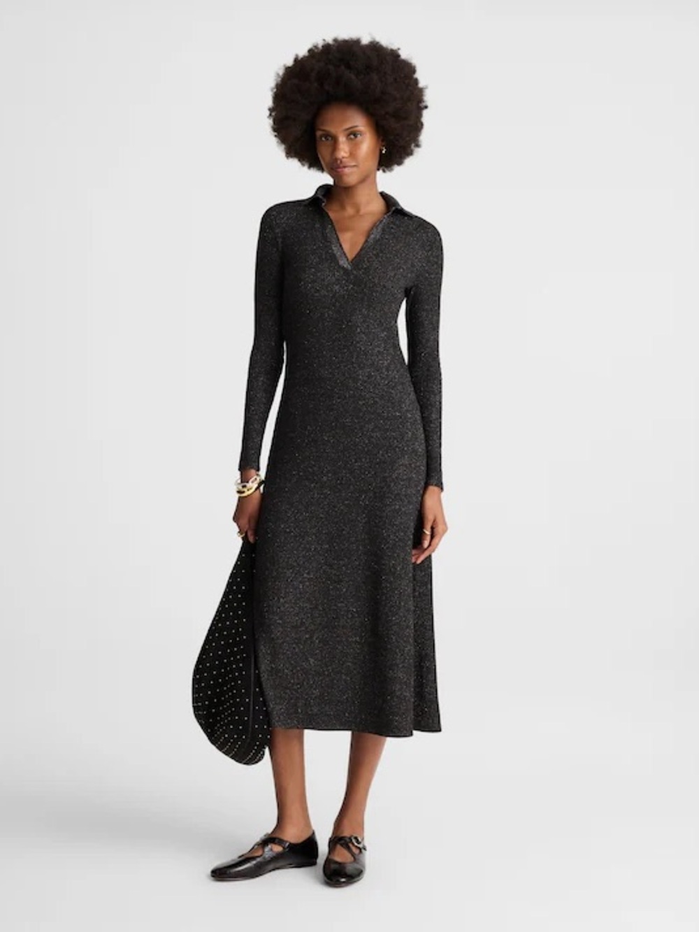 Madewell Ribbed Y-Neck Polo Maxi Dress Metallic Knit Long Sleeve A-Line Small NW